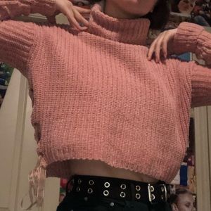 cropped chenille pink turtleneck